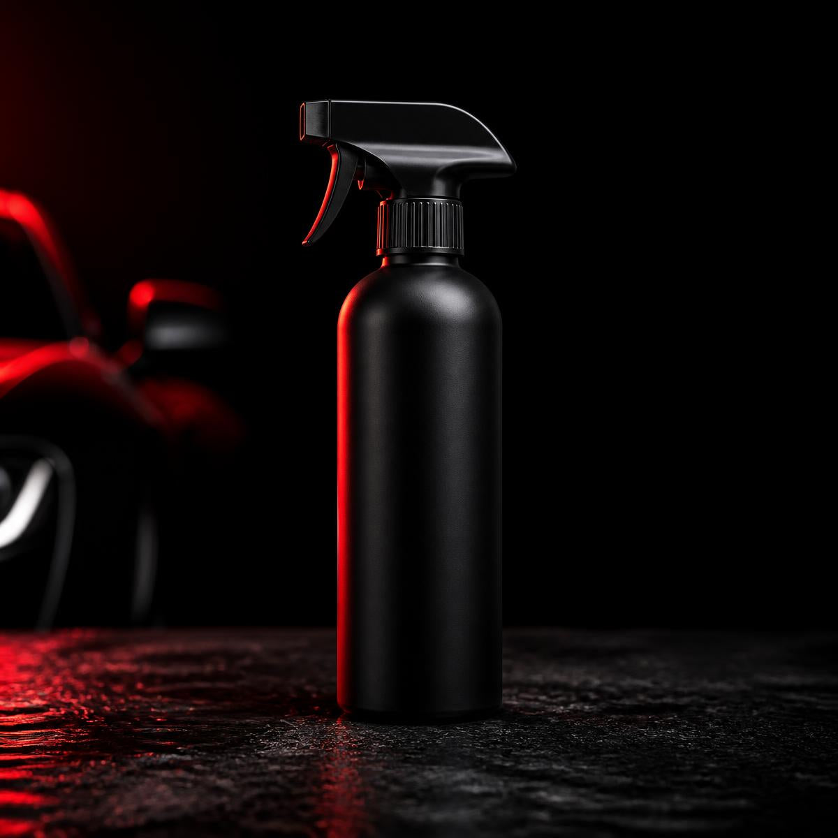 Matte black gloss detailer spray bottle on a dark surface with red rim light